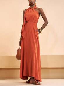 Zivah New Spring/Summer New Arrival, Suitable For Birthday Parties, Graduation Season, Everyday Outings, Versatile Casual Vacations, Cruise Travel, Beach Sunbathing, Online Bestseller, Christmas, Casual And Elegant, Linen-Feel Crinkled Halter Neck Women's Jumpsuit Elegant Dress - Brown - View 6