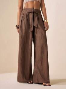 Zivah 2026春夏新款婚礼季、音乐节、复活节、西部风、游牧风、波西米亚风、纳什维尔风格腰带褶裥阔腿裤，带真口袋，竖纹面料，春夏通勤休闲，优雅度假风，休闲长裤 - 咖啡棕 - 查看 5
