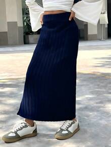 SHEIN Tween Girls' Casual Elegant Slit Skirt - Navy Blue - View 4