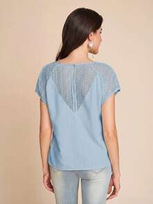 Amorya Women's Lace Crochet Textured Button Back V-Neck Blouse - Blue - View 2