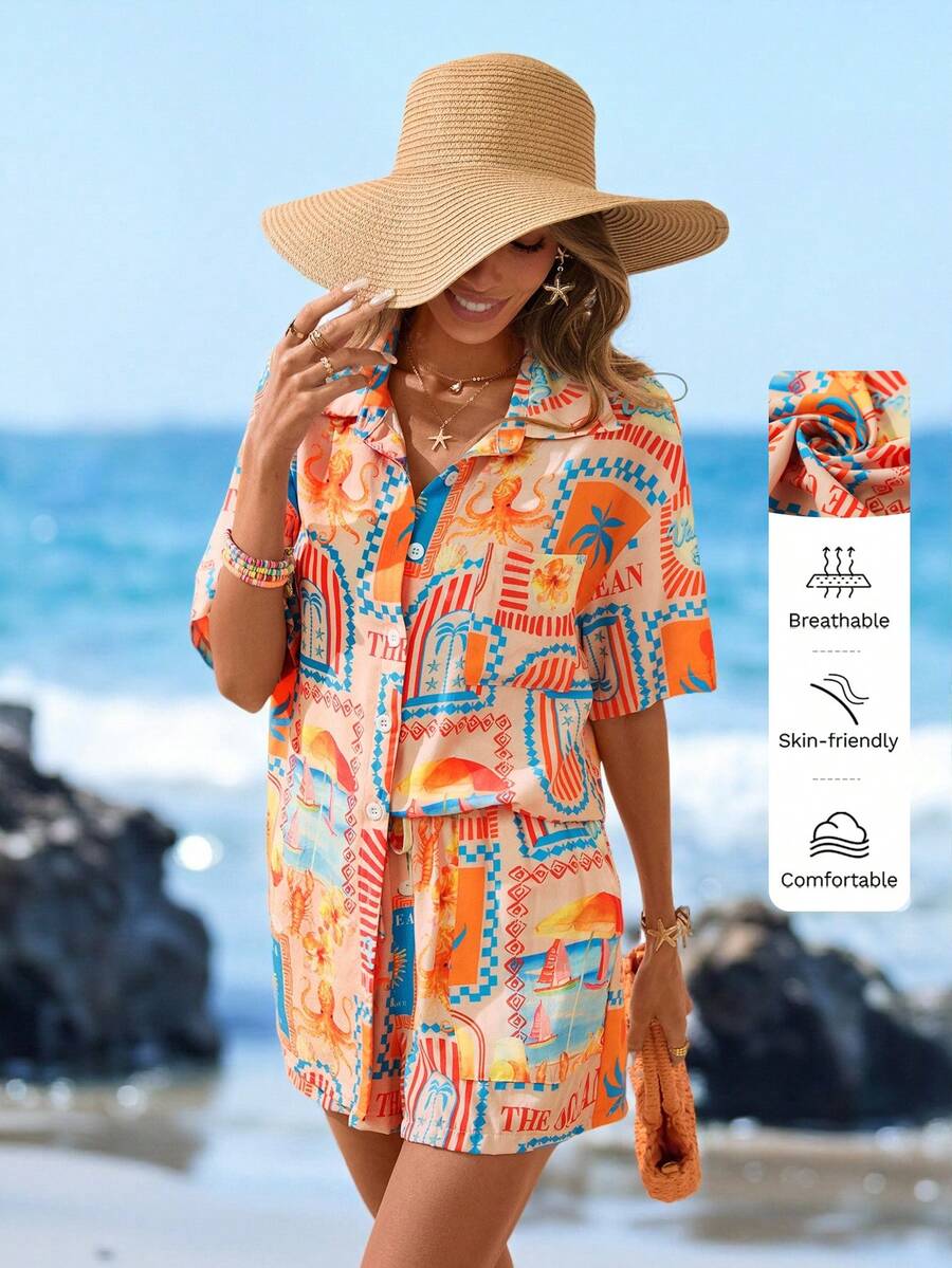 Sylviya مجموعة قميص وشورت مطبوعة كاجوال للنساء 2 قطعة، مجموعة صيفية للنساء للعطلات والشاطئ، ملابس عطلة صيفية للنساء، ملابس عطلة شاطئية للنساء، مجموعات متطابقة للعطلات الاستوائية، ملابس سفر للنساء، عطلة - متعدد الألوان - مشاهدة 1