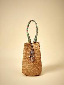 Travachic 1pc Bohemian Style, Fashionable Tassel Woven Bag, Casual Vacation Beach Tote, Outdoor Picnic Party Handbag, Suitable For Women Office, Commute, Date, Shopping, Leisure, Vacation, Beach, Music Festival, Party, Wedding, School (Natural Straw Color May Have Slight Variations) , Bohemian Outfit For Women - Green - View 2