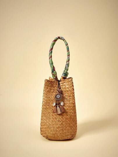 Travachic 1 件波西米亚风格时尚流苏编织包，休闲度假沙滩手提包，户外野餐派对手提包，适合女性办公室、通勤、约会、购物、休闲、度假、海滩、音乐节、派对、婚礼、学校（天然稻草色可能有轻微变化）