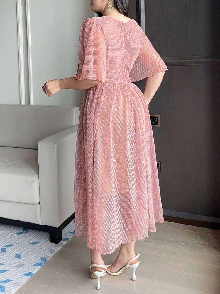 Dazy Plus V-Neck Cinched Waist Mesh Sequin Ruffle Sleeve Long Party Dress, Plus Size Women, Spring/Summer Sundress