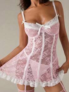 SHEIN BAE 浪漫蕾丝拼接荷叶边下摆A字型丝袜性感内衣裙4件套内衣外衣外出 - 粉色 - 查看 6