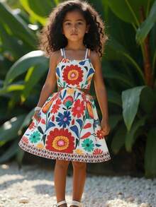 SHEIN 年轻女孩夏季假日花卉印花腰部镂空无袖连衣裙 - 彩色 - 查看 6