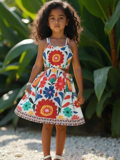 SHEIN 年轻女孩夏季假日花卉印花腰部镂空无袖连衣裙