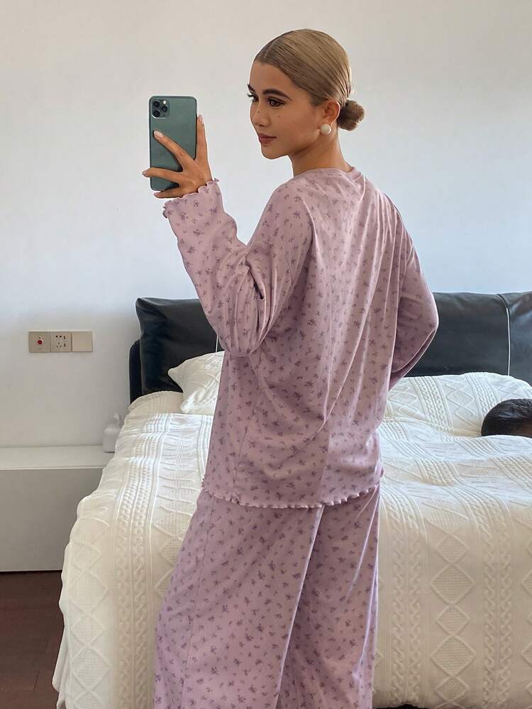 2pcs/Set Women Ditsy Floral Loose Comfortable Long Sleeve T-Shirt And Pants Pajama Set, Autumn