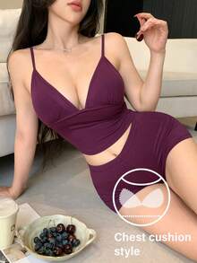 DAZY Women's Summer Sexy Camisole And Shorts Pajama Set With Built-In Bra Padding - Purple - View 1