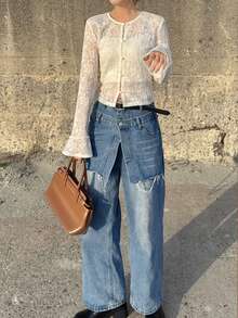 FRIFUL Women's Floral Jacquard Flare Sleeve Button Up Blouse, Vacation Wear - White - View 7