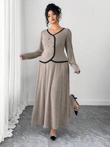 Dazy Plus 大码女士优雅两件套：撞色拼接双排扣短款上衣和A字长裙，春秋季 - 灰色 - 查看 7