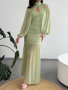 Aloruh Lantern Sleeve Green Ruched Elegant Mesh Mermaid Dress - Green - View 7
