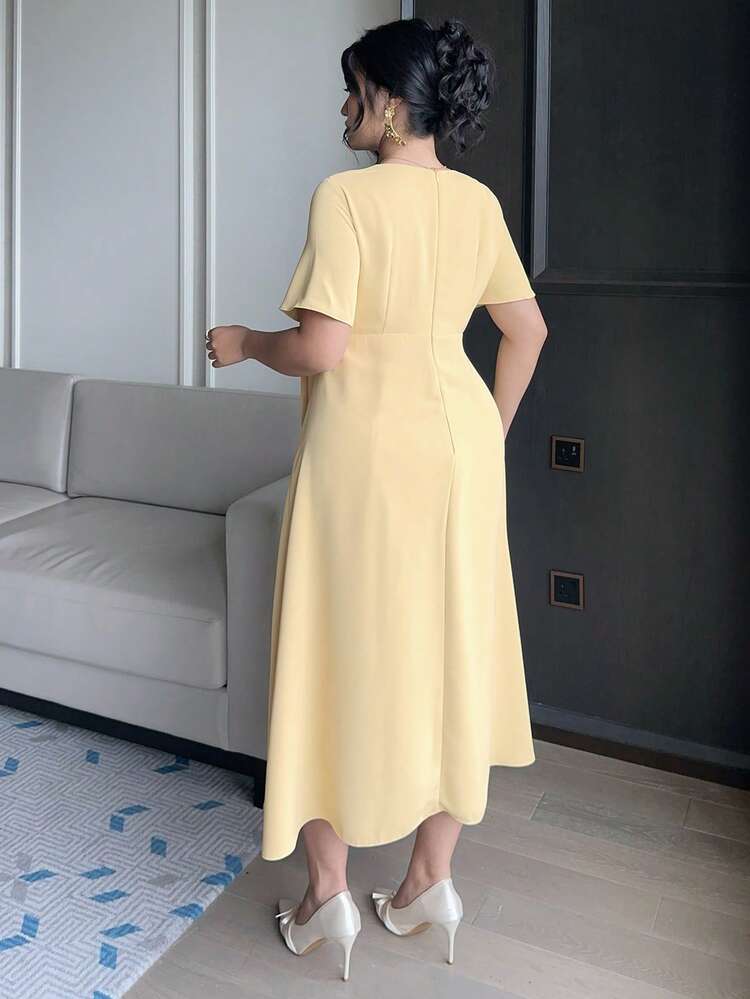 Dazy Plus Plus Size Women Solid Color Wrap V-Neck Short Sleeve Side Knot Elegant Dress Maxi Dress Sundress