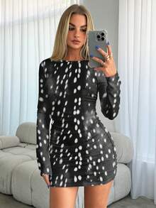 Aloruh Đầm ngắn ôm sát in họa tiết, cổ tròn, tay dài, màu trơn dành cho nữ, thích hợp cho mùa Thu/Đông. - Màu xám đen - Xem 6