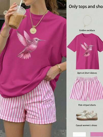 Set conjunto dama mujer femenino short rayas playera cuello redondo grafica estilo aestetic linda tierna dia primavera verano ave colibri brillo belleza rural sencillo pink destellos