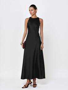 Aveloria Modichic Vestido Feminino Slim Fit Longo de Cetim com Gola Halter Sem Mangas Gola Alta Elegante Minimalista Formal Aniversário Jantar Bar Festa Preto Liso Baile de Formatura Verão - Preto - Visão 7