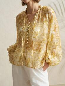 Airaco Women's New Loose Fit Elegant Yellow Floral Print Linen Long Sleeve Shirt - Yellow - View 1