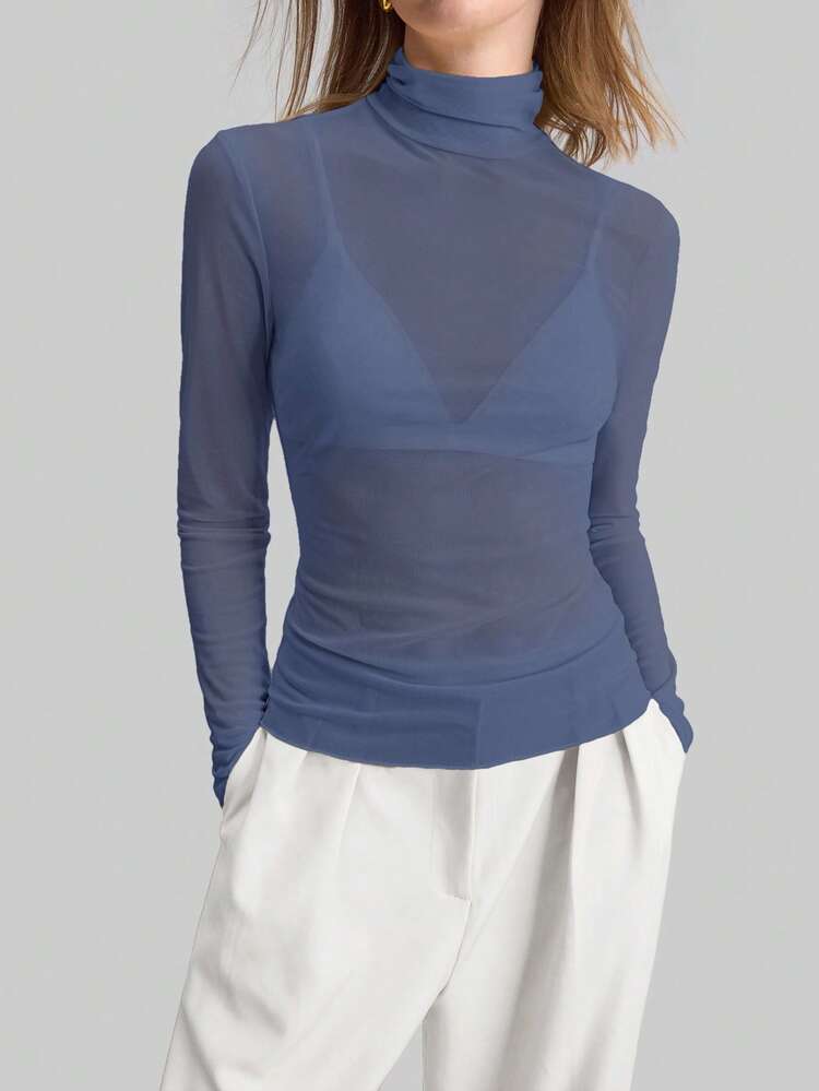 2026SS Women's Sheer Mesh High Neck Long Sleeve Blouse, Urban Commute Business Casual Top, Elegant Outfit For Office, Party, Wedding Guest, Holiday, Beach, Vacation
