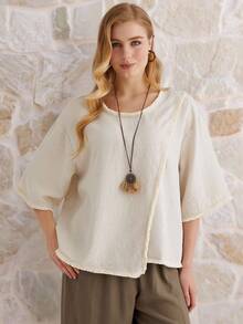 Parysyn Áo kiểu nữ cỡ lớn dáng rộng, màu trơn, thoải mái, cổ tròn, vai rớt, tay cánh dơi, áo tunic nữ mùa hè, áo kiểu kín đáo mùa hè, size S nữ, size S nữ, size S nữ, áo mùa hè nữ, áo mùa hè nữ, áo mùa hè nữ - Màu be - Xem 2