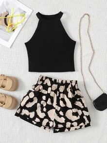 两件套少女休闲露背无袖上衣和豹纹长裤套装，舒适简约 - 黑色 - 查看 1