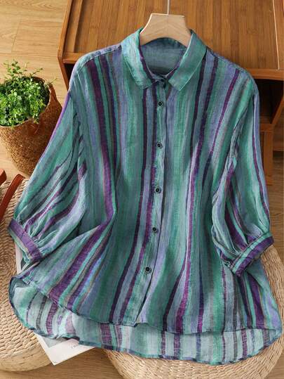 SHEIN LUNE CURVE قميص نسائي مريح بأكمام طويلة مع طباعة مخطط، مناسب للارتداء اليومي والعمل للمقاسات الكبيرة