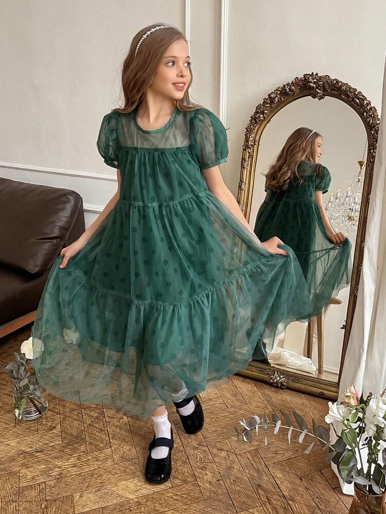 Tween Girls' Round Neck Bubble Short Sleeve Polka Dot Mesh Dress Summer