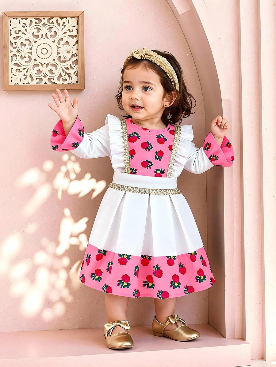 Conjunto de 2 piezas de camiseta de manga larga con encaje floral y cinta dorada, y falda con estampado floral pequeño para niñas pequeñas, nueva moda primavera/verano 2026, atuendo de Oriente Medio, esencial para viajar - Rosa - Ver 1