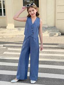 SHEIN Nova Glow 少女无袖梭织上衣，不对称下摆配纽扣，搭配宽松直筒裤，两件套，法式优雅时尚的办公室着装 - 藍色 - 查看 6