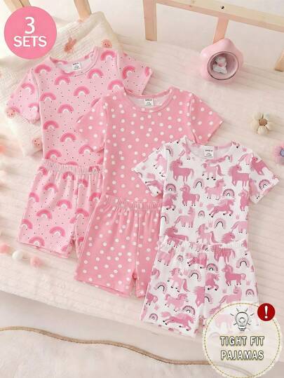 6pcs/3sets Baby Girls' Cute Polka Dot & Unicorn & Rainbow Print Crew Neck Stretchy Knit Tight Fit Short Sleeve Top And Shorts Casual Homewear Set