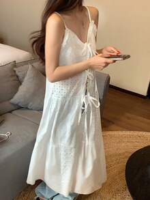 DAZY 女士波西米亚蕾丝拼接吊带连衣裙，多层沙滩罩衫连衣裙，开衩设计，度假风长裙 - 白色 - 查看 6