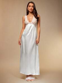 Silquee Lace-Panel Satin Slip Dress And Double-Layer Fuzzy Cuff Belted Robe Pajama Set White Set, Fall Winter Clothes  Valentine's Day Sexy Lace Galentines Adult Date Night  Spandex See Through Romantic Sexy Curve  Spring And Summer Feathered White Satin Cardigan Long-Sleeved Robe, Suitable For Wedding Parties, With A Lace Deep V-Neck Inner Dress. - White - View 8