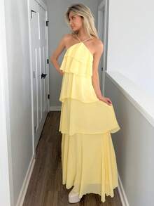 Sydney Algeri Elegant Romantic Wedding Guest Solid Halter Tiered Chiffon Maxi Dress - Yellow - View 1