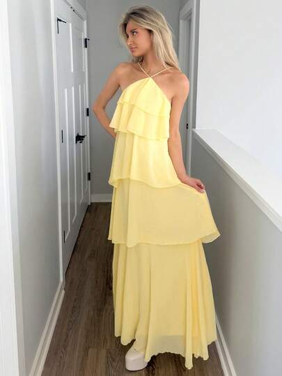 Sydney Algeri 优雅浪漫婚礼宾客纯色露背分层雪纺长裙