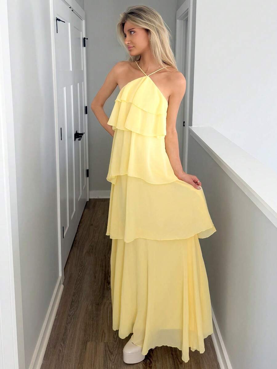 Sydney Algeri Elegant Romantic Wedding Guest Solid Halter Tiered Chiffon Maxi Dress - Yellow - View 1