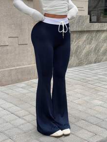 Dewbera Women's Colorblock Drawstring Waist Printed Sports Yoga Outdoor Fitness Pants - Navy Blue - View 5
