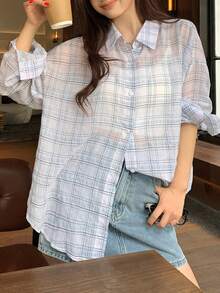 DAZY Women's Plaid Collar Long Sleeve Shirt, Korean Style, Spring/Summer - Baby Blue - View 12