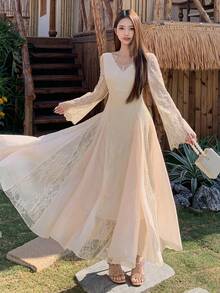 DAZY 女士刺绣蕾丝网纱中长连衣裙，优雅独特，正式场合礼服/吊带裙 - 杏色 - 查看 2