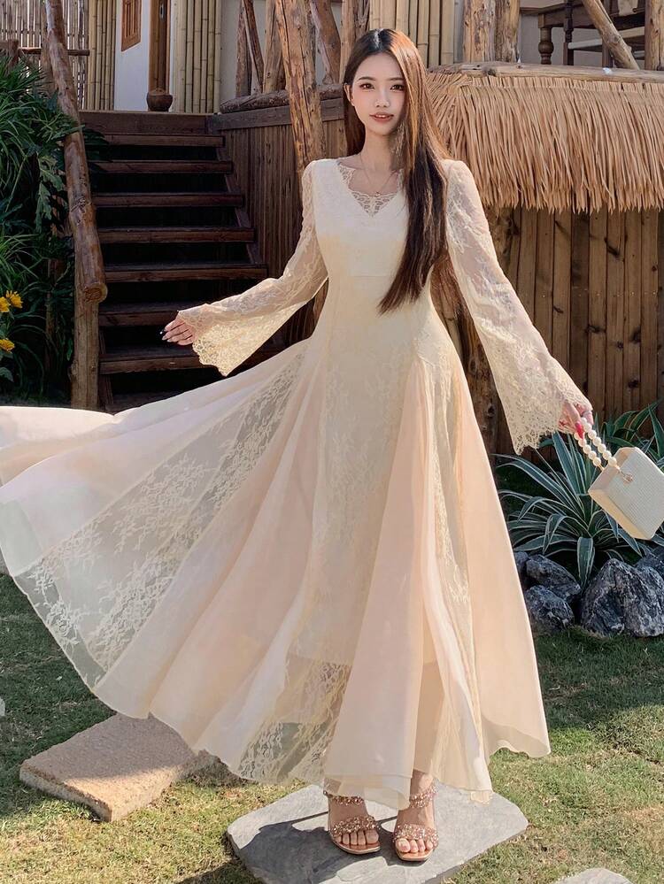 Women's Embroidered Lace & Mesh Midi Dress, Elegant Unique Dress, Formal Occasion Gown Sundress