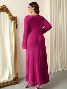 Firerie Plus Size Elegant Formal Blush Pink Autumn Dress For Women,Wedding Ninang,Ruched Flare Long Sleeve,Tummy Flattering,Curvy Office Party Valentine's Day - Hot Pink - View 3