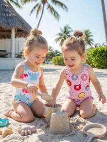 SHEIN Buy One Get One Free 2 Pieces Baby Girl Cute And Versatile Sleeveless Swimsuit Set With All-Over Crab And Macaron Patterns, Perfect For Vacations And Spring/Summer. - Multicolor - View 3