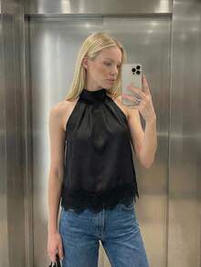 Maija Women's Black Halter Neck Lace Patchwork Tie-Up Camisole Black Top Women Blouses Black Party Top Lace Trim Top Valentine's Day Elegant Women's Blouses Vacation Outfits Women Spring To Summer - Black - View 1