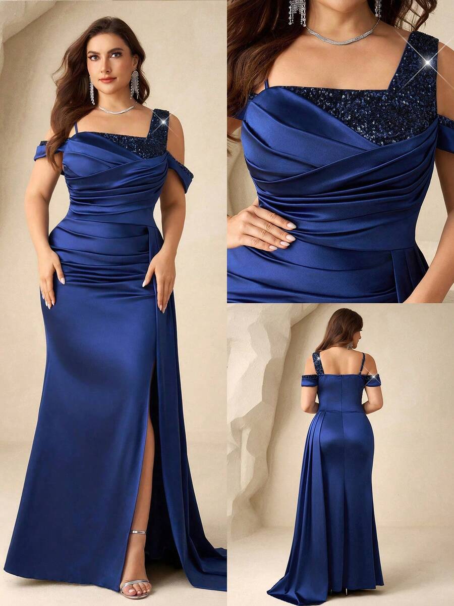 Coutiva 大码女士露肩褶皱开衩设计优雅正式晚礼服