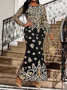 Fleurora 大码女式金属花卉印花圆领长袖鱼尾下摆修身优雅连衣裙 - 彩色 - 查看 2