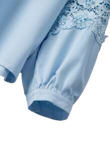 GlowEve CURVE Stylish Plus Size Light Blue Blouse Featuring Notched Neckline And Delicate Cutwork Insert On Long Sleeves - Blue - View 3