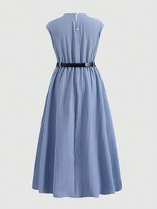 Tween Girls' Mandarin Collar Sleeveless Minimalist Design Casual Summer Versatile Dress - Apricot - View 2