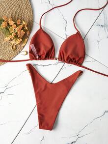 Costavie Ensemble de bikini sexy pour femmes avec bretelles fines et perles d'agate rouges - Rouge - Voir 3