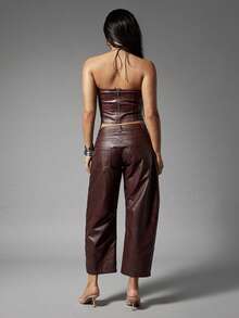 Denimoi 秋冬季时尚桶形仿皮裤，适合闺蜜约会之夜。 - 酒紅色 - 查看 6