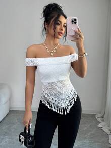 Elenzga 新款性感蕾丝荷叶边露肩吊带背心（双面可穿）女士流苏马甲，带衬里，适合春夏穿着 - 白色 - 查看 5