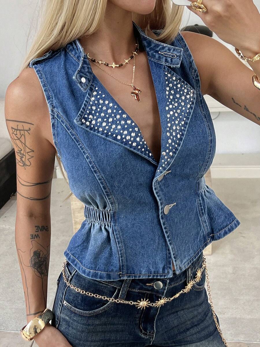 DAZY Women's Lapel Sleeveless Cinched Waist Studded Urban Casual Denim Vest And Jacket - Medium Wash - View 1