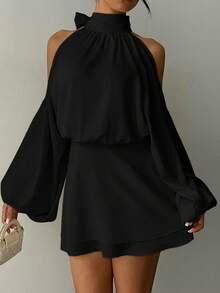 Aloruh 女士新款杏色纯色迷你连衣裙，长袖，灯笼袖设计，A字裙，适合派对、约会、下午茶等场合，秋冬款 - 黑色 - 查看 4